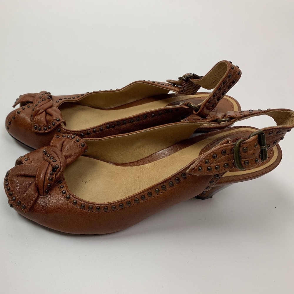 FRYE Brown Studded Leather Slingback Heels 6